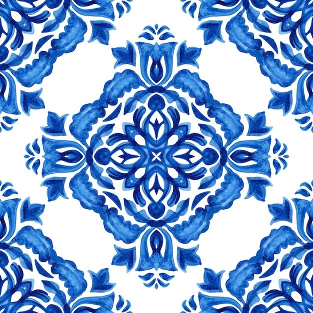 Patrón de pintura de acuarela ornamental sin costuras azulejo dibujado a mano azul y blanco abstracto.