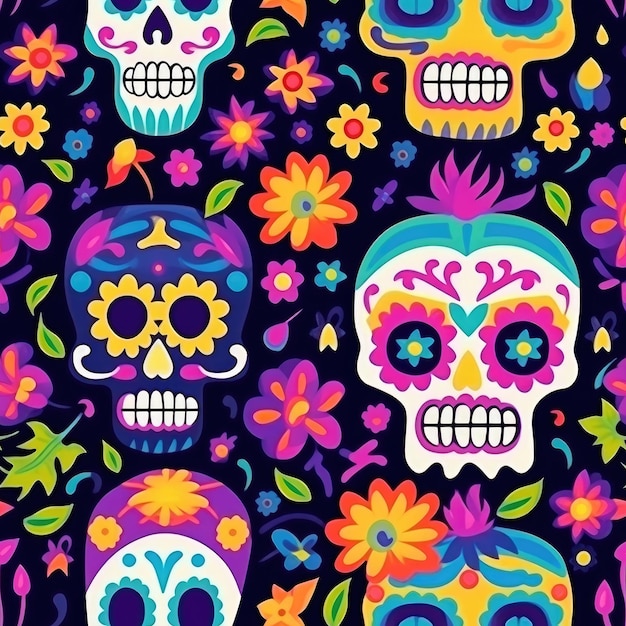 patrón de pintura con flores de colores y calaveras en el fondo