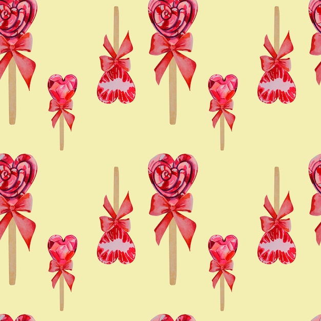 Un patrón de piruletas en forma de corazones sobre un fondo amarillo Piruletas rojas con lazos Ilustración acuarela día de san valentín