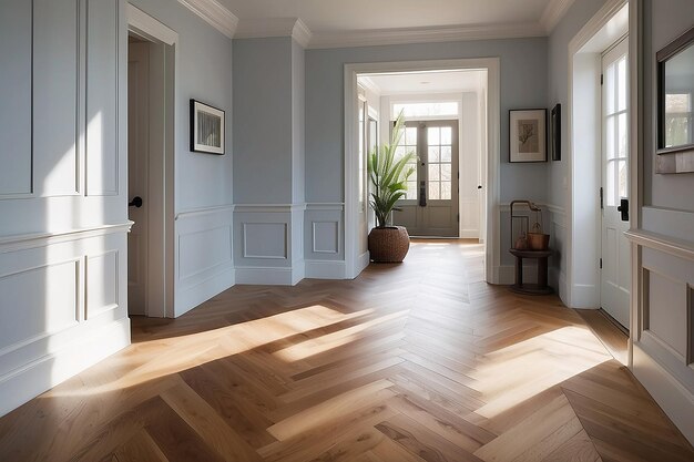 El patrón del piso de madera de herringbone en el pasillo iluminado por el sol