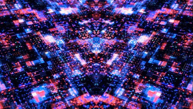Patrón pixelado con cuadrados brillantes azules y rosados que se mueven lentamente y crean un campo digital