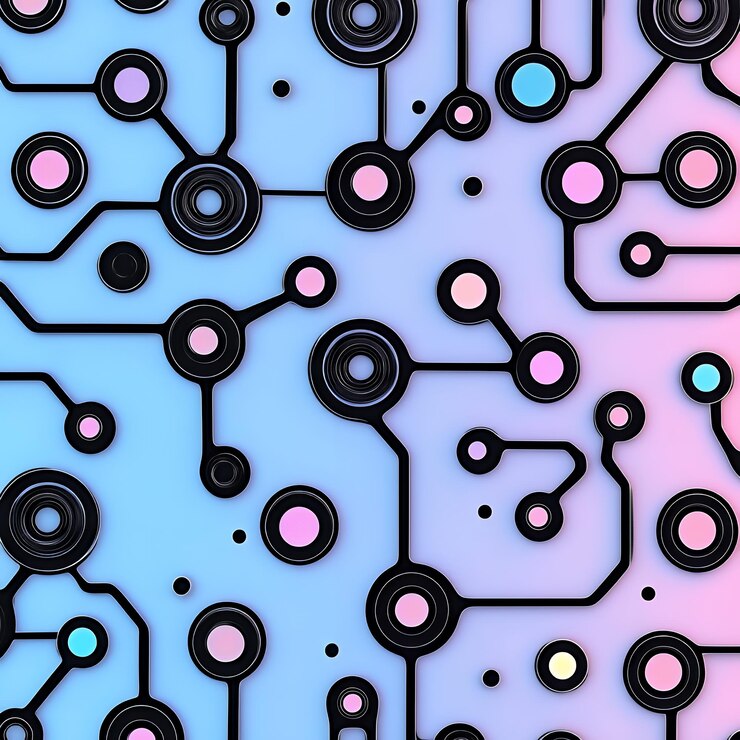 Foto patrón de placa de circuitos abstracto con fondo de gradiente rosa y azul