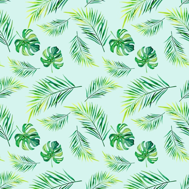 Un patrón de plantas tropicales Monstera La rama de la palma Ilustración acuarela Naturaleza de los trópicos Collage de monstera y palmeras Mosaico