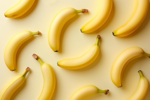 Patrón con plátanos vista superior plana puesta fondo abstracto tropical plátano en fondo amarillo patrón de frutas coloridas alimentación saludable vitaminas veganas súper alimento concepto de alimentos crudos