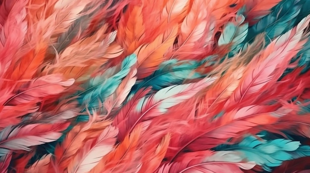 Un patrón de plumas de colores con un fondo de plumas.