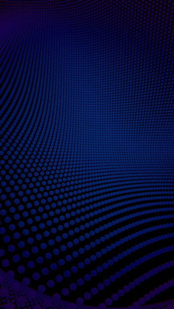 Patrón de puntos ondulados en tonos azules profundos sobre un fondo oscuro que crea un diseño futurista abstracto con una sensación de movimiento de profundidad e ilusión óptica