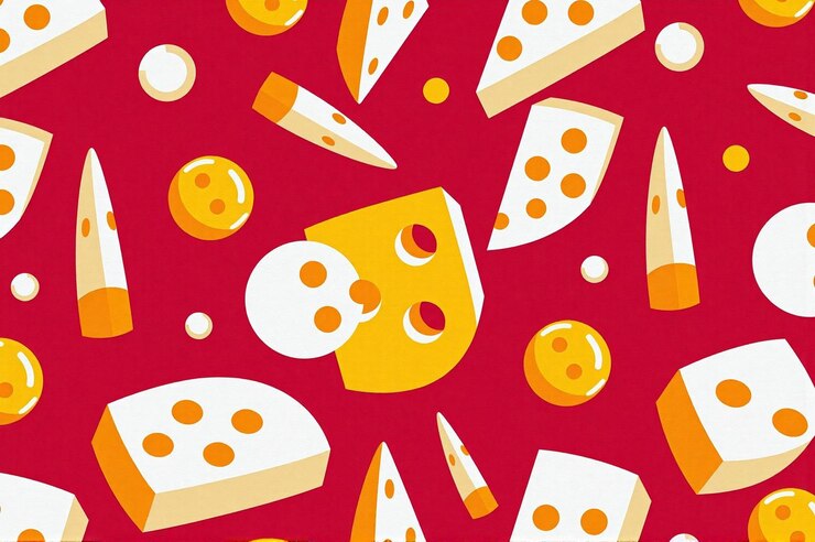 un patrón de queso de fondo rojo con diferentes texturas y estilos que crean un fondo vibrante