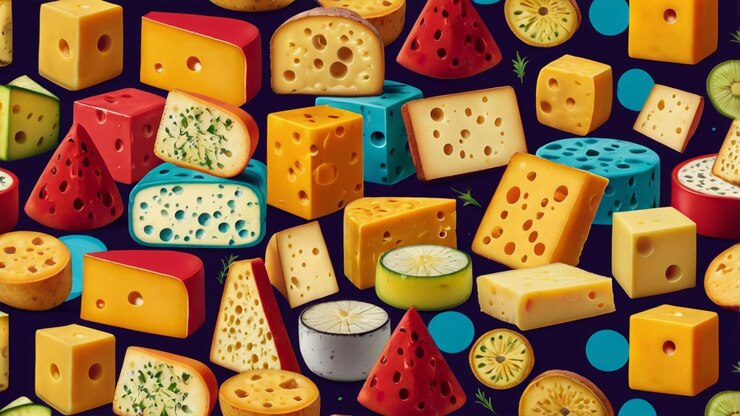 Patrón de queso Un patrón caprichoso con ilustraciones de dibujos animados de diferentes variedades de queso