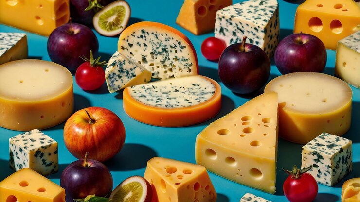 Patrón de queso Un patrón caprichoso con ilustraciones de dibujos animados de diferentes variedades de queso