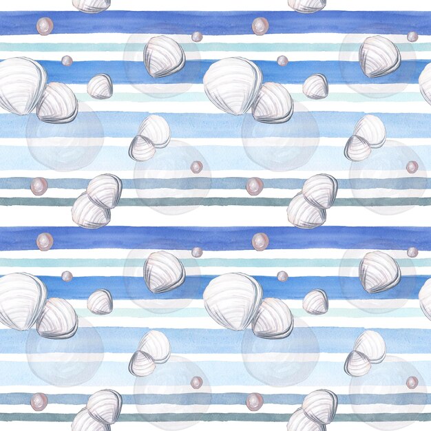 Patrón de rayas azul transparente de conchas y perlas Ilustración de acuarela en estilo marino