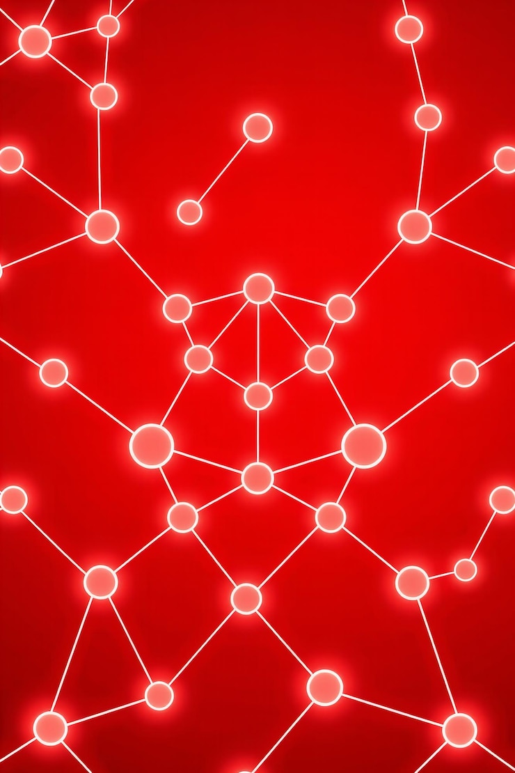 Foto patrón de red abstracto con gradiente rojo y puntos claros de estilo plano