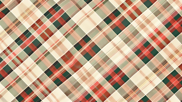Un patrón repetible sin costuras de rayas y cuadrados diagonales rojos y verdes sobre un fondo beige