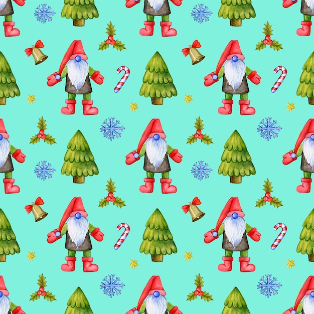 Patrón repetitivo sin costuras con lindos gnomos navideños y árboles de pieles y decoraciones representadas