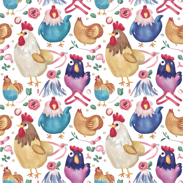 Patrón repetitivo sin costuras de pollo y flor