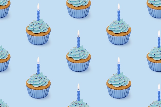 Patrón repetitivo sin fisuras con cupcakes con esmalte azul y chispitas de colores sobre fondo azul, renderizado 3d.