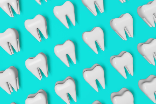 Patrón de representación 3D de movimiento de dientes sanos blancos sobre fondo azul Día Nacional del Dentista Modelo de anatomía de dientes molares digitales Extracción de muelas del juicio Recuperación de cuidado bucal Banner de clínica de seguro dental
