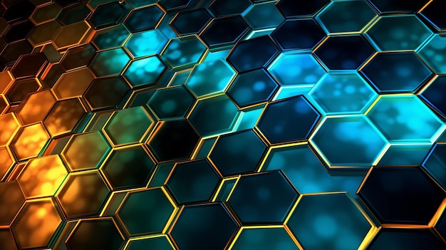 Patrón resplandeciente de hexágonos en tonos de azul, blanco, amarillo y verde que crea una pantalla visual cautivadora y vibrante con un brillo encantador Ai generativo