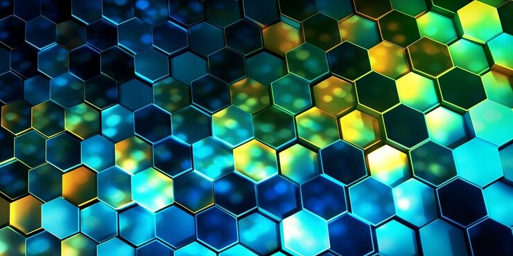 Foto patrón resplandeciente de hexágonos en tonos de azul, blanco, amarillo y verde que crea una pantalla visual cautivadora y vibrante con un brillo encantador ai generativo