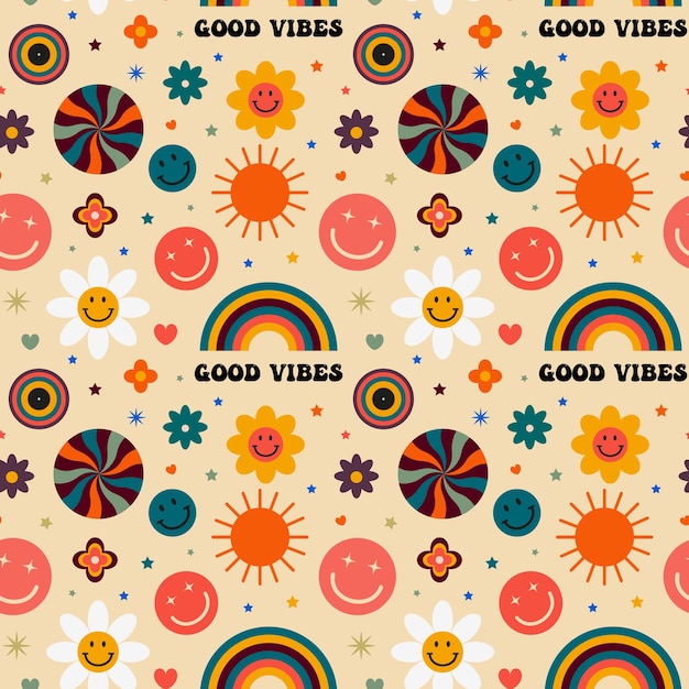 Patrón retro groovy Y2K con caras emoji y flores en fondo beige