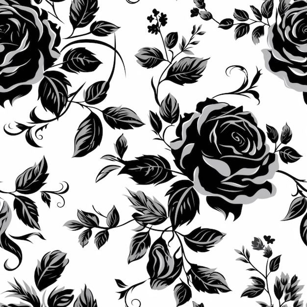 Un patrón de rosas en blanco y negro con hojas y flores ai generativo.