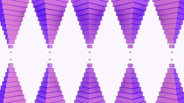 Foto patrón simétrico repetido de diseño de triángulos moviendo pirámides triangulares sobre fondo aislado