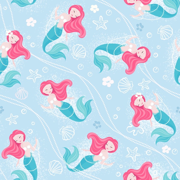 Patrón de sirena azul pastel para niños obras de arte de moda para niños libros impresos y telas o papeles de pared dibujo de ilustración de moda en estilo moderno para ropa Sirena de coral