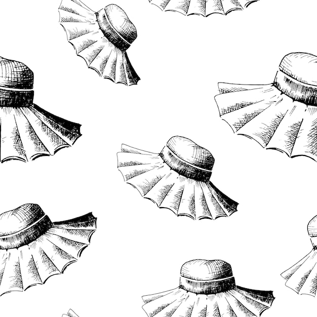Patrón de sombrero. Sombreros de paja de mujer dibujados a mano en estilo boceto sobre fondo transparente. Telón de fondo transparente.