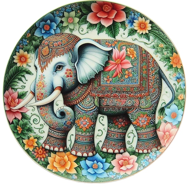 patrón tailandés pintura de elefante en walla placa colorida con un elefante y flores en él