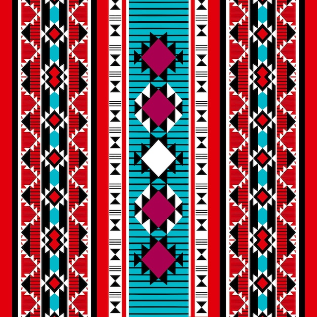 El patrón de la tela étnica árabe muestra un estilo geométrico en notables tonos rojos y azules.
