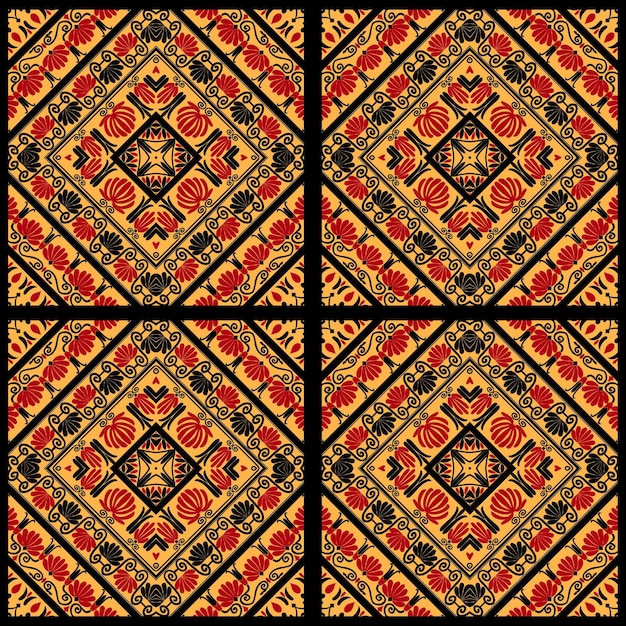 El patrón de la tela étnica árabe presenta sorprendentes tonos rojos y negros en contraste con un amarillo vibrante
