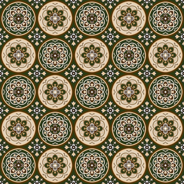 Patrón de tela tribal indígena con diseños florales en tonos verdes y crema Inspirado por t