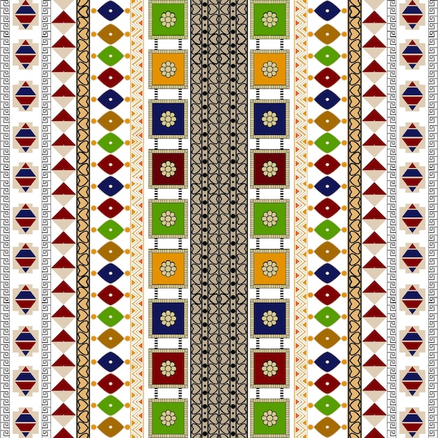 Patrón de tela tribal indígena con formas geométricas en tonos azul, verde, rojo y amarillo