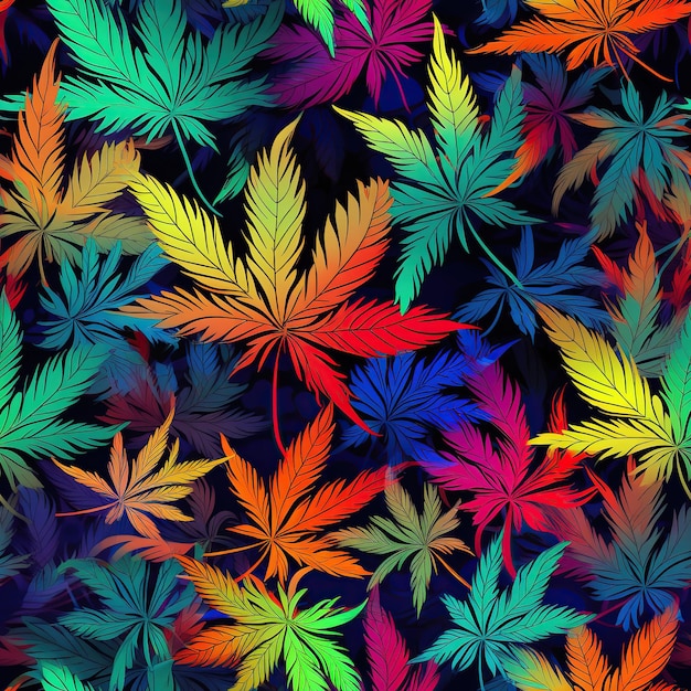 patrón de textura sin costuras con hojas de marihuana de cannabis en un fondo de neón psicodélico brillante