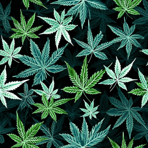 patrón de textura perfecta con hojas de marihuana cannabis verde sobre fondo oscuro