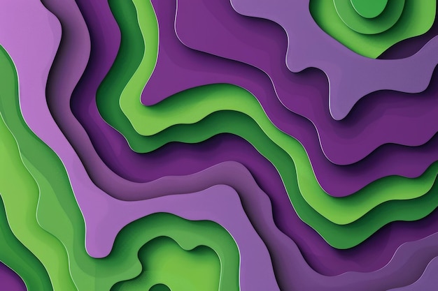 Patrón topográfico abstracto púrpura y verde con efecto 3D en capas