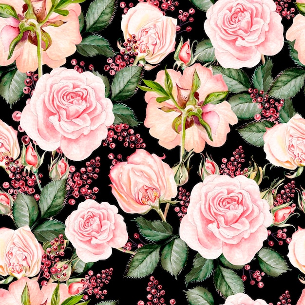 Patrón transparente acuarela brillante con flores rosas baya Ilustración