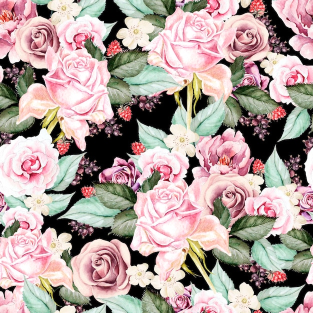 Patrón transparente acuarela brillante con flores rosas y bayas de peonía y frambuesa Ilustración