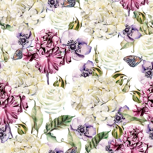 Patrón transparente acuarela brillante con flores rosas iris anémonas y hortensias