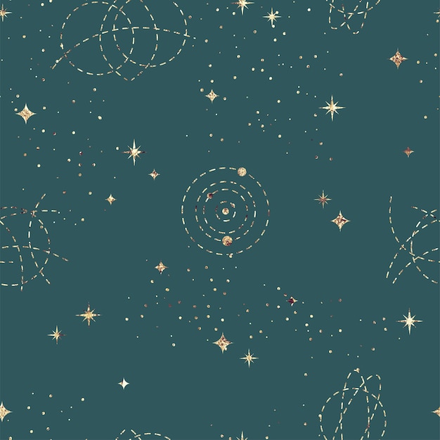 Foto patrón transparente astrológico con cielo estrellado. textura de hoja de oro