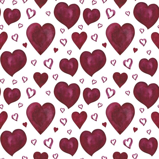 Patrón transparente de color rojo con forma de corazón de acuarela aislado en blanco Ilustración de dibujado a mano de acuarela Arte para el diseño