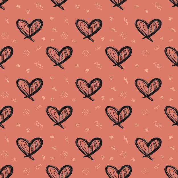 Patrón transparente dibujado a mano para el día de San Valentín sobre fondo rosa. Se puede utilizar para papel tapiz, rellenos de patrón, fondo de página web, texturas superficiales.