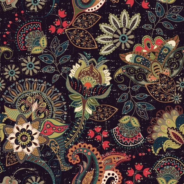 Patrón transparente de vector colorido Ilustración dibujada a mano con paisley y flores decorativas