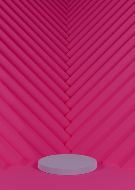 Patrón de triángulo de soporte de cilindro de exhibición de producto mínimo rosa neón en el fondo que apunta al producto