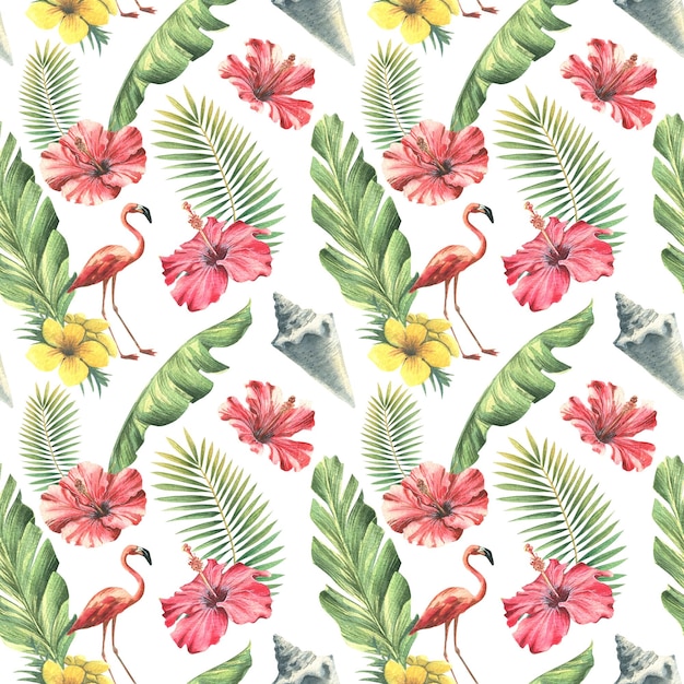 Patrón tropical sin costuras con hojas de palma flamencos rosados flores de hibisco rojo y conchas marinas sobre un fondo blanco Ilustración de acuarela dibujada a mano Para embalaje de papel tapiz textil de tela