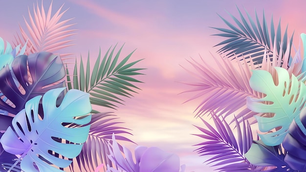 Un patrón tropical sin costuras con palmeras monstera y hojas de helecho en un gradiente de colores pastel que se mezclan con un fondo suave y soñador