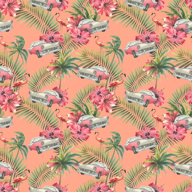 Patrón tropical sin fisuras con coche retro rosa flamenco hojas de palma y árboles flores de hibisco Ilustración acuarela de un gran conjunto de CUBA Para decoración y diseño de papel tapiz de tela