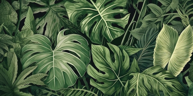 Patrón tropical floral de fondo de hojas verdes para AI generativo de papel tapiz