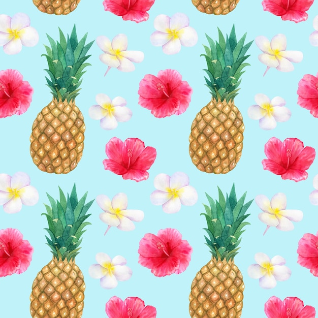 Patrón tropical con hermosas flores de color rosa rojo hibisco y frangipani blanco o plumeria y piña. Textura fluida. Ilustración acuarela dibujada a mano.