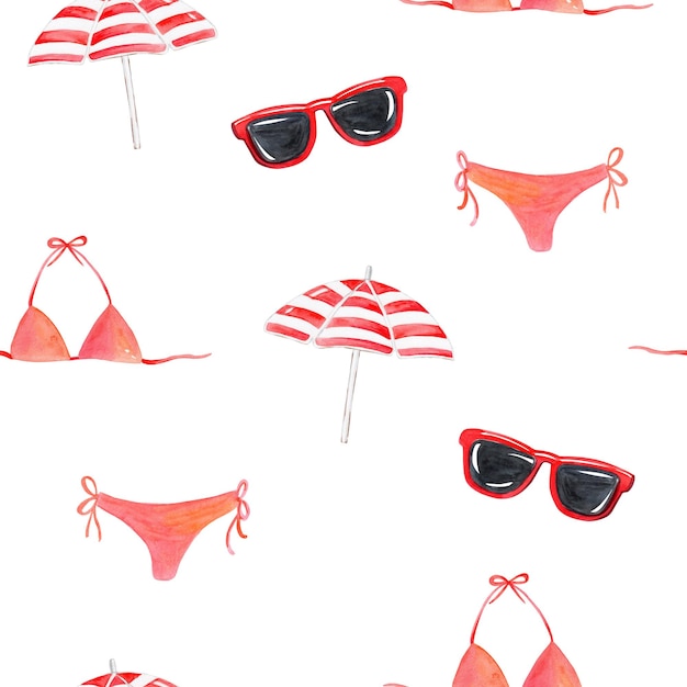 Patrón de vacaciones de acuarela con gafas rojas, paraguas, traje de baño sobre fondo blanco para tela, textil, marca, envoltura