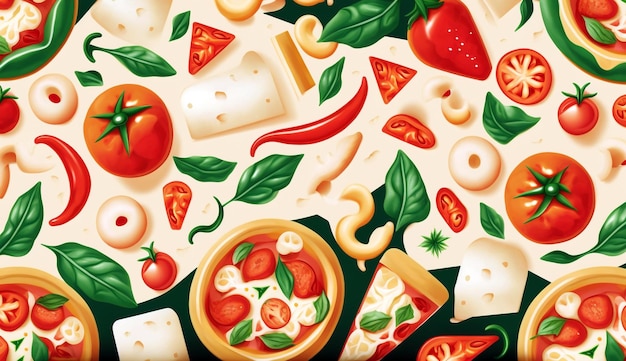 Foto patrón con varios ingredientes de pizza como queso mozzarella, albahaca, ajo y tomates. ia generativa
